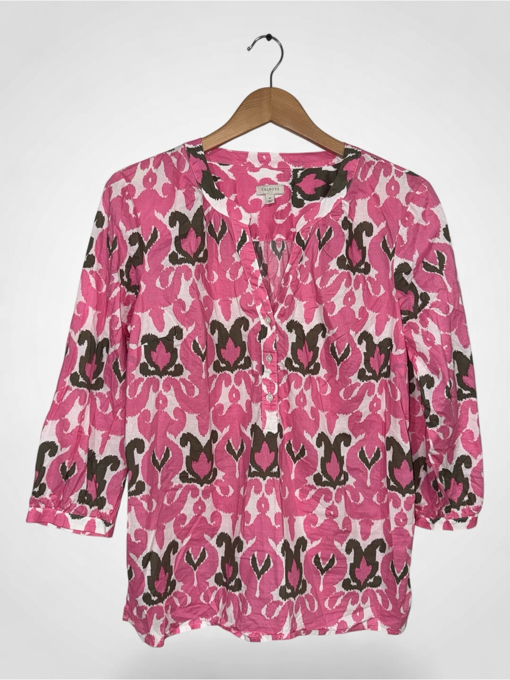 WSH58 {Talbots} Pink White Printed Button Up Tunic Blouse Shirt Top